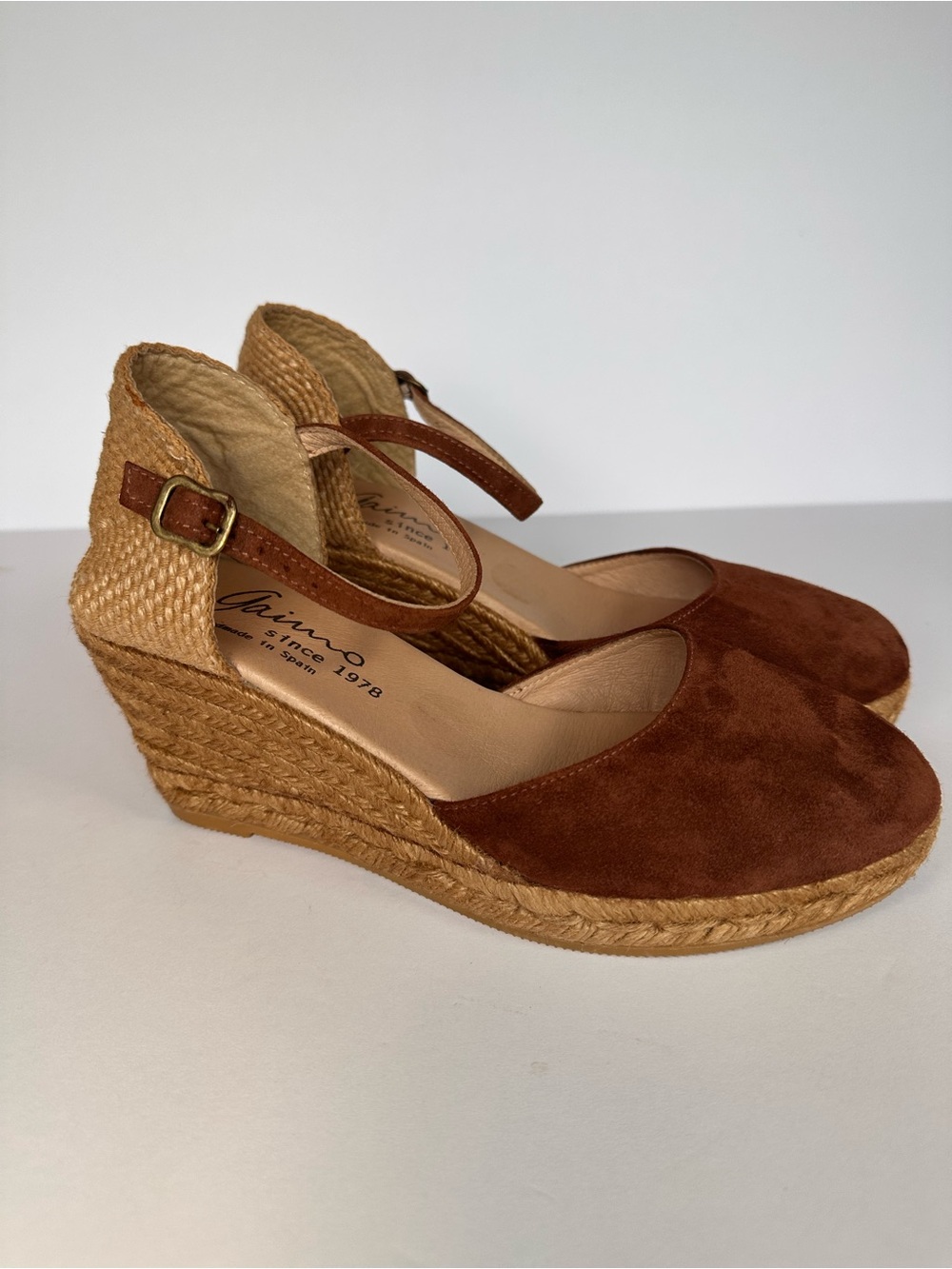 Gaimo Suede Closed Toe Espadrille Wedge Sandals Brown Ankle Strap Spain‎ 39
